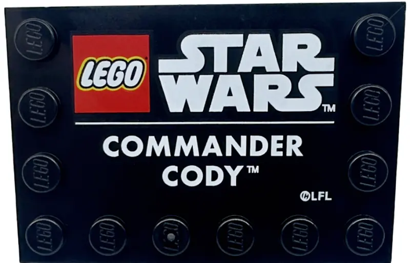 Black Tile, Modified 4 x 6 with Studs on Edges with LEGO Star Wars Logo and White 'COMMANDER CODY' P