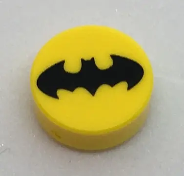Yellow Tile, Round 1 x 1 with Black Bat Batman Logo Pattern