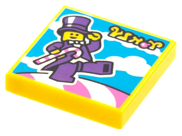 Yellow Tile 2 x 2 with BeatBit Album Cover - Minifigure in Purple Suit with Candy Cane Pattern