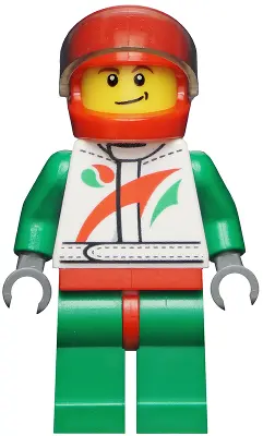Race Car Driver, White Racing Suit with Octan Logo, Red Helmet with Trans-Brown Visor, Crooked Smile