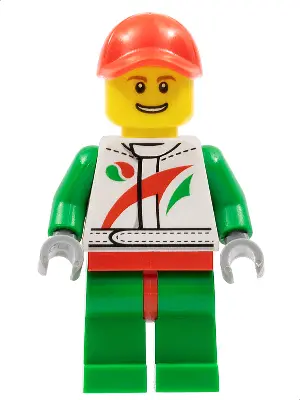 Race Car Mechanic, White Racing Suit with Octan Logo, Red Cap with Hole, Brown Eyebrows, Thin Grin w