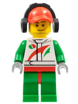 Race Car Mechanic, White Racing Suit with Octan Logo, Red Cap with Hole, Headphones, Smirk and Stubb