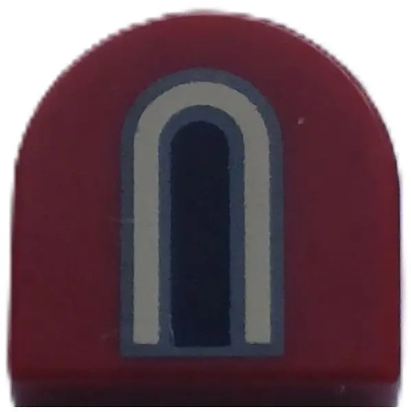 Red Tile, Round 1 x 1 Half Circle Extended with Black, Tan and Dark Bluish Gray Castle Window Patter