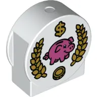 White Duplo, Brick 1 x 2 x 2 Round Top, Cut Away Sides with Dark Pink Piggy Bank and Gold Laurel Bra