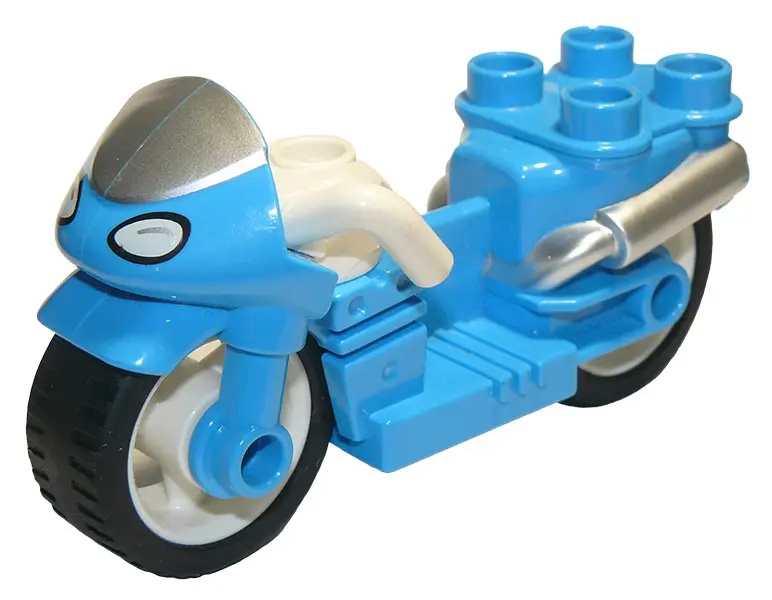 Dark Azure Duplo Motorcycle with Rubber Wheels, White Handlebars, Windscreen and Headlights Pattern