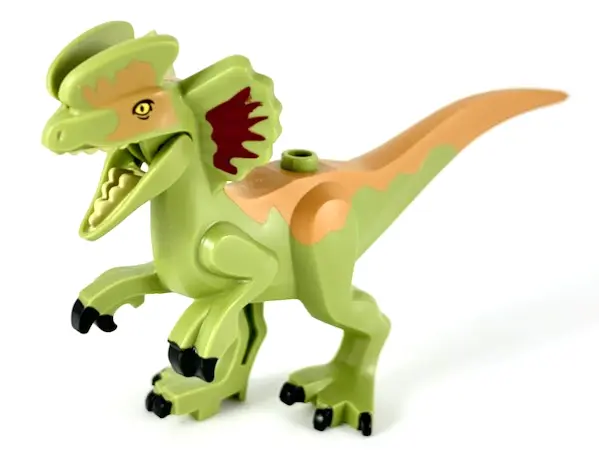 Olive Green Dinosaur Dilophosaurus Second Version with Flexible Rubber Tail, Dark Red and Medium Nou