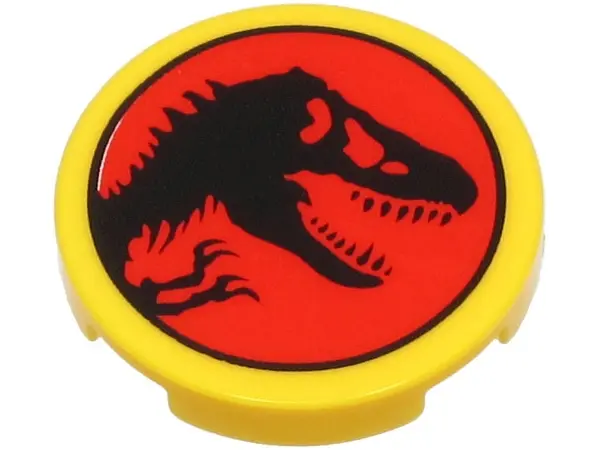 Yellow Tile, Round 2 x 2 with Bottom Stud Holder with Black Dinosaur on Red Background (Jurassic Par