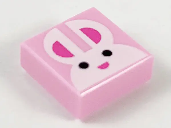 Bright Pink Tile 1 x 1 with White Bunny Rabbit Head / Face, Black Eyes, and Dark Pink Ears and Nose 