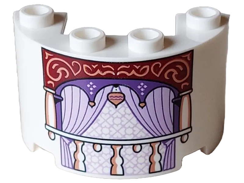 White Cylinder Half 2 x 4 x 2 with 1 x 2 Cutout with Balcony, Nougat Ornate on Dark Red Background, 