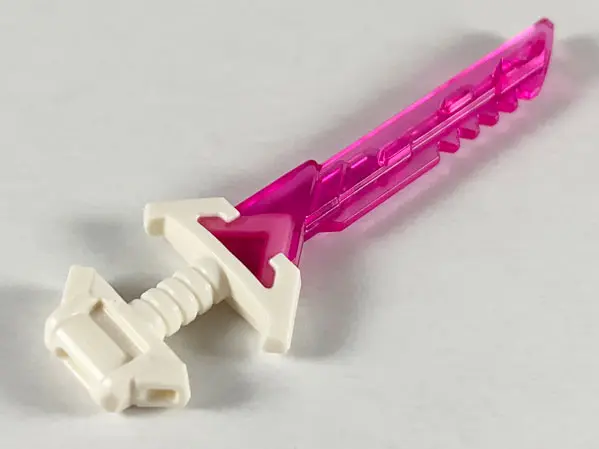 Trans-Dark Pink Minifigure, Weapon Sword with Serrated Blade and Molded White Hilt with Wide Angled 