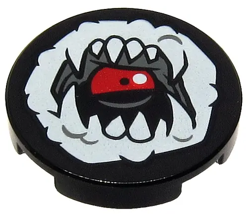 Black Tile, Round 2 x 2 with Bottom Stud Holder with White Open Mouth, Fangs and Tongue Pattern