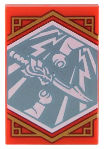 Red Tile 2 x 3 with White Dragon Sword and Minifigure Arms on Metallic Light Blue Background with Go
