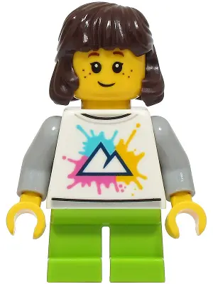 - Girl, White Shirt with Mountains Logo, Lime Short Legs, Dark Brown Hair