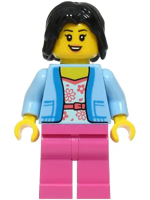 - Female, Bright Light Blue Jacket over White Shirt with Coral Flowers, Dark Pink Legs, Black Hair