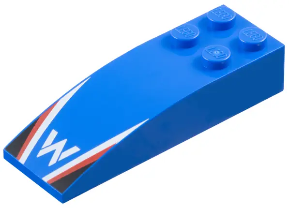Blue Slope, Curved 6 x 2 with Williams Formula 1 Logo Stylized Capital Letter W, White and Red Strip