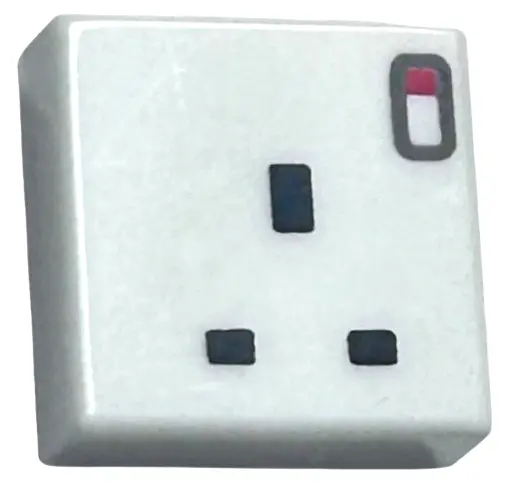 White Tile 1 x 1 with 3 Black Rectangles (United Kingdom 3 Pin Power Socket) and Red Switch Pattern