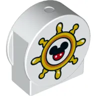 White Duplo, Brick 1 x 2 x 2 Round Top, Cut Away Sides with Boat Helm / Ship's Wheel with Mickey Mou