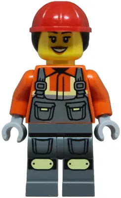 Construction Worker - Female, Dark Bluish Gray Overalls over Reddish Orange Safety Jacket with Refle