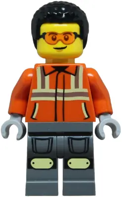 Construction Worker - Male, Reddish Orange Safety Jacket with Reflective Stripes, Dark Bluish Gray L