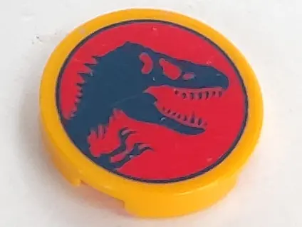 Bright Light Orange Tile, Round 2 x 2 with Bottom Stud Holder with Jurassic World Logo, Dark Blue Di