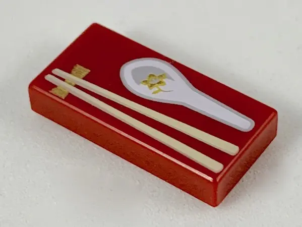 Dark Red Tile 1 x 2 with Tan Chopsticks on Stand, White Chinese Soup Spoon with Gold Flower Pattern
