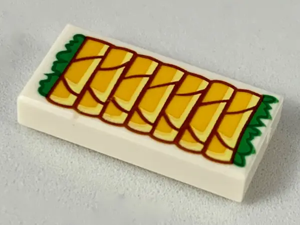 White Tile 1 x 2 with 7 Bright Light Orange Springs Rolls with Green Garnish Pattern