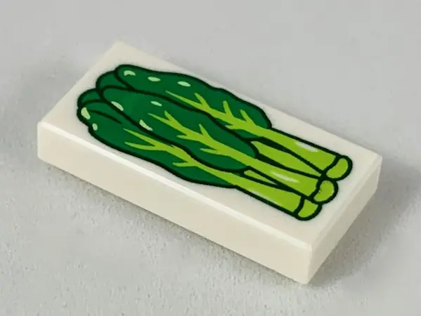 White Tile 1 x 2 with Lime and Green Gai Lan Pattern