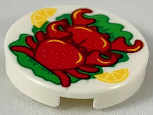 White Tile, Round 2 x 2 with Bottom Stud Holder with 2 Red Crabs, 2 Bright Light Orange Orange Slice