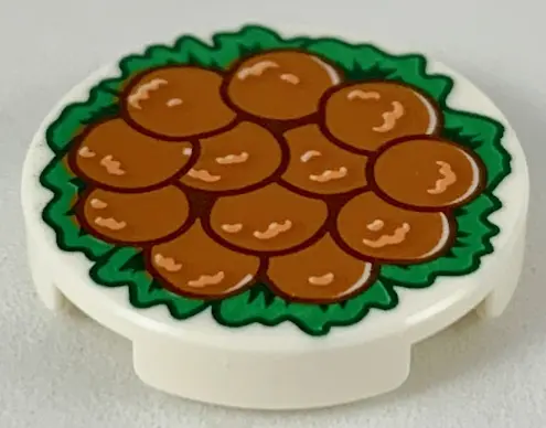 White Tile, Round 2 x 2 with Bottom Stud Holder with 12 Chinese Lion's Head Meatballs on Green Garni