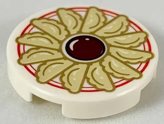 White Tile, Round 2 x 2 with Bottom Stud Holder with Jiaozi and Sauce on Plate with Red Border Patte
