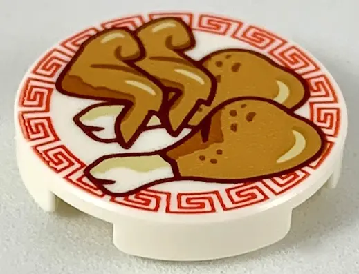 White Tile, Round 2 x 2 with Bottom Stud Holder with Medium Nougat Chicken Wings and Legs on Plate w