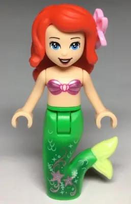 Ariel, Mermaid (Light Nougat) - Metallic Pink Shell Bra Top, Bright Green Tail with Stars and Scales