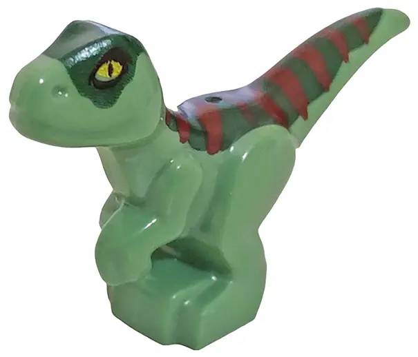 Sand Green Dinosaur Baby Standing with Dark Green Back, Dark Red Stripes, and Yellow Eyes Pattern