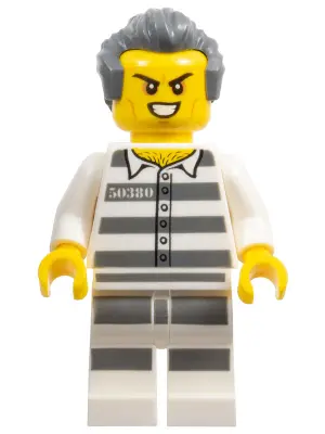 Sky Police - Jail Prisoner 50380 Prison Stripes, Scowl with Teeth, Dark Bluish Gray Hair with Sidebu
