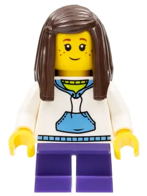 Child - Girl, White Hoodie with Medium Blue Pocket, Dark Purple Short Legs, Dark Brown Long Hair, Fr