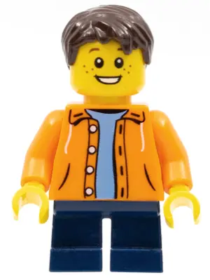 Orange Jacket with Hood over Light Blue Sweater, Dark Blue Short Legs, Dark Brown Short Tousled Hair