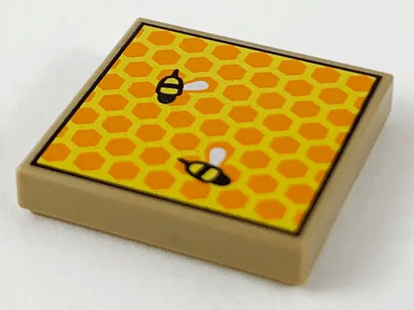 Dark Tan Tile 2 x 2 with Beehive Frame with Orange and Yellow Honeycomb, Small Bees with White Wing 