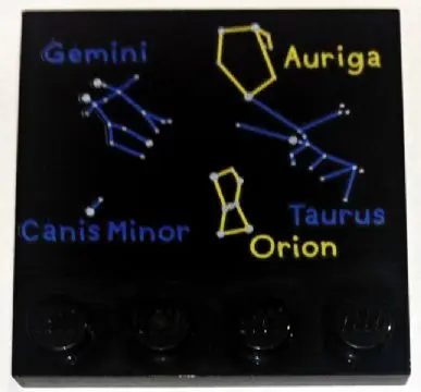Black Tile, Modified 4 x 4 with Studs on Edge with Blue and Yellow Constellations, 'Gemini', 'Auriga