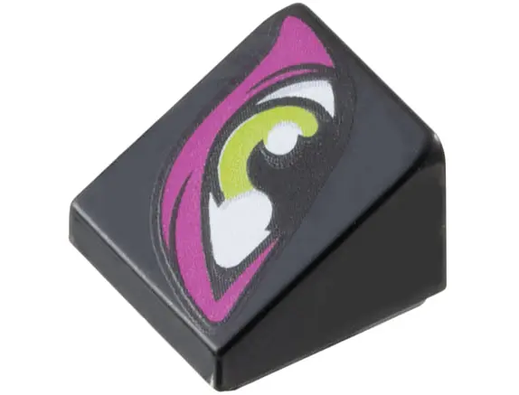 Black Slope 30 1 x 1 x 2/3 with Lime Eye with Magenta Eye Shadow Pattern