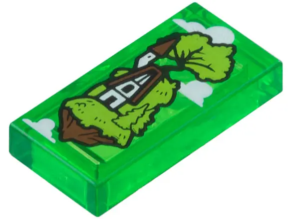Trans-Green Tile 1 x 2 with Clouds and Floating Island with Lime Grass and Trees, White and Reddish 