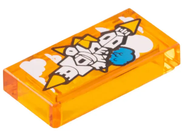 Trans-Orange Tile 1 x 2 with Floating Castle in the Sky with Orange Roofs, White Clouds and Dark Azu