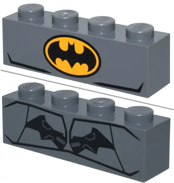 Dark Bluish Gray Brick 1 x 4 with Bat on Bright Light Orange Oval Batman Logo / Black and Silver wit