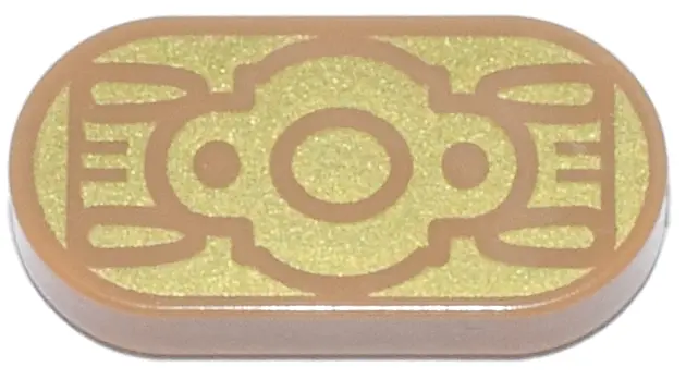 Medium Nougat Tile, Round 1 x 2 Oval with Circle, Dots and Curved Lines on Gold Background Pattern (