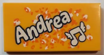 Bright Light Orange Tile 2 x 4 with 'Andrea' and Music Notes with Wings Pattern