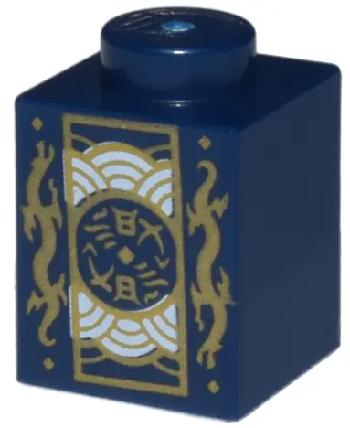 Dark Blue Brick 1 x 1 with Gold Dragons and Rectangle Emblem with Silver Half Circles Pattern