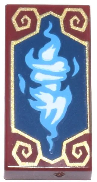 Red Tile 1 x 2 with Dark Azure Mirrored Dragon Heads with White Ninjago Logogram 'TB' on Dark Blue P