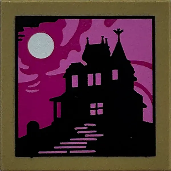 Tan Tile 2 x 2 with Picture of Black Haunted Mansion Silhouette and White Moon on Magenta and Dark P