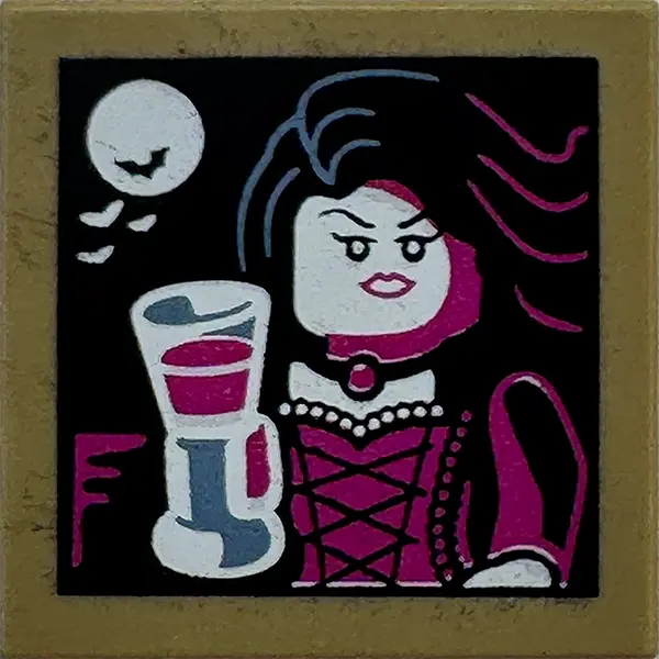 Tan Tile 2 x 2 with Portrait of Vampire Minifigure with Magenta Dress Holding Goblet, White Moon and