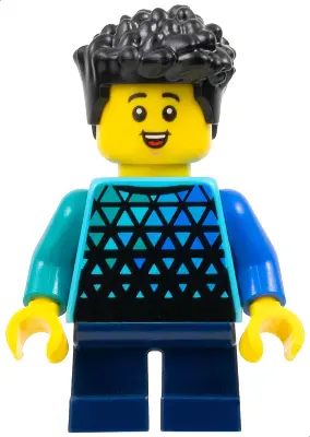 Child - Boy, Medium Azure Top with Triangles, Dark Blue Short Legs, Black Hair