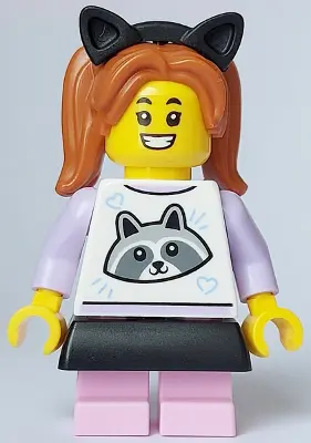 Child - Girl, White Top with Raccoon, Bright Pink Short Legs, Dark Orange Pigtails, Black Skirt and 